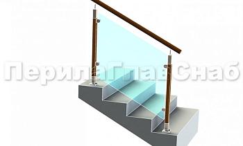 Ограждение с круглым деревянным поручнем с зажимными стеклодержателями и стойками с деревянными вставками в Красноярске. Готовые проекты ПерилаГлавСнаб