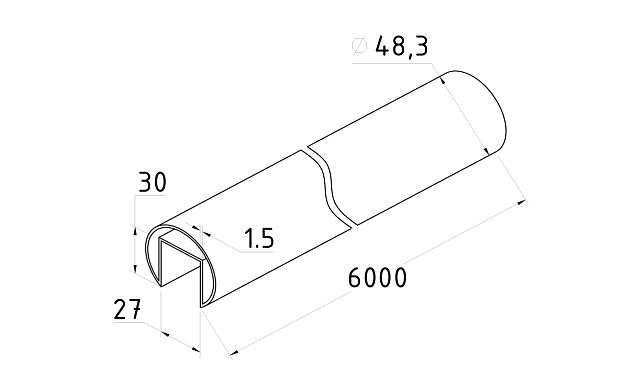 Труба Ø48.3 мм, с пазом 27х30 мм под стекло, полированная (AISI 201) k822 2 Труба Ø48.3 мм, с пазом 27х30 мм под стекло, полированная (AISI 201) k822 2