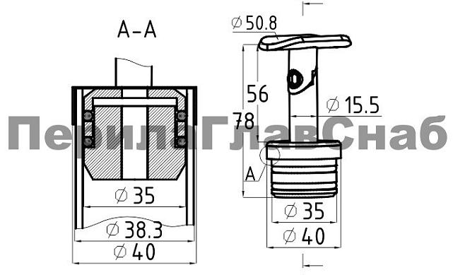 Наконечник палец с алюминиевой системой фиксации на стойке Ø38.1х1.5 мм, регулируемым ложементом под поручень Ø50.8 мм, полированный, литой, нержавеющий (AISI 304) k204 2