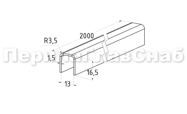 Профиль П-образный, L=2000 мм, t=1.5 мм, для стекла 12 мм, полир. (AISI 304) Ф-0454 3