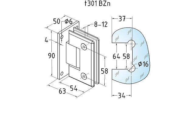 Петля для душевой кабины стена-стекло 90°, 90*55, цинк, черн. t301 BZn 2 Петля для душевой кабины стена-стекло 90°, 90*55, цинк, черн. t301 BZn 2